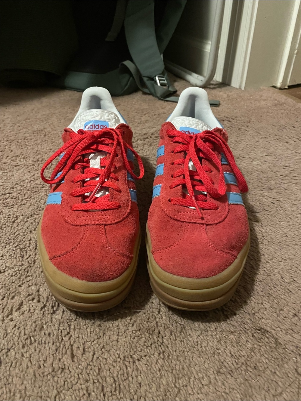 adidas Gazelle Red Suede Sneakers with Light Blue Stripes and Gum Sole